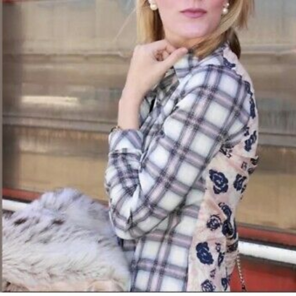 CAbi #233 Festival Plaid Floral Button Down Shirt